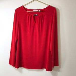 Susan Graver Beautiful Red Blouse Jewel at Neckline Long Sleeved